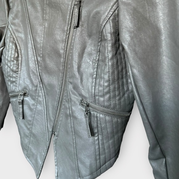 Asymmetrical Cropped Vegan Leather Moto Biker Jacket Grey Medium - Picture 15 of 16